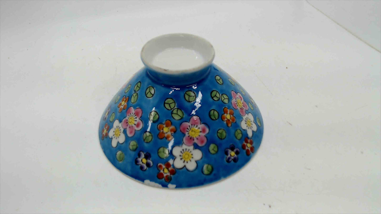 Vintage Chinese Porcelain Rice Bowl, Turquoise Blue with Plum Blossoms, 4.5"
