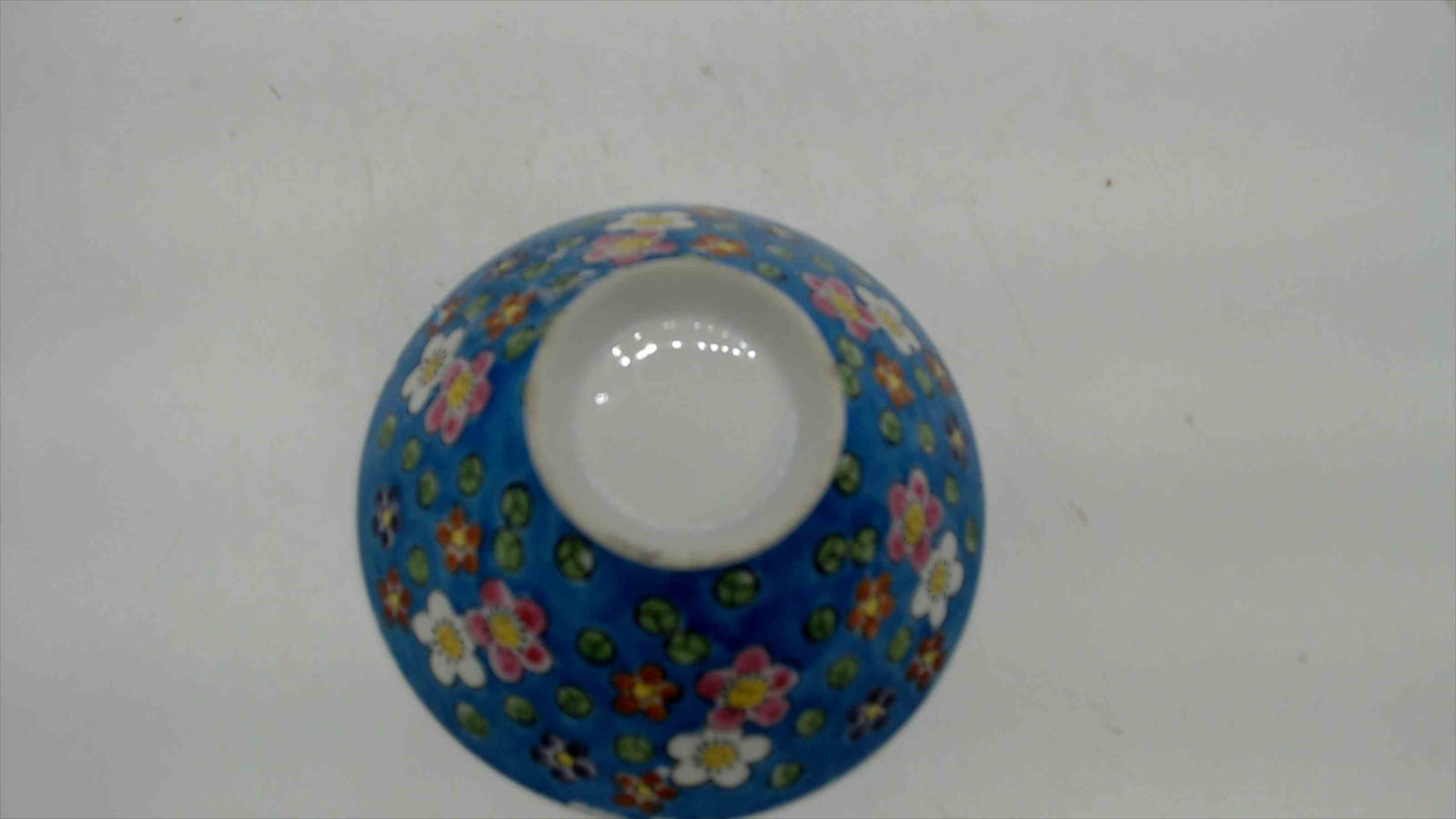 Vintage Chinese Porcelain Rice Bowl, Turquoise Blue with Plum Blossoms, 4.5"