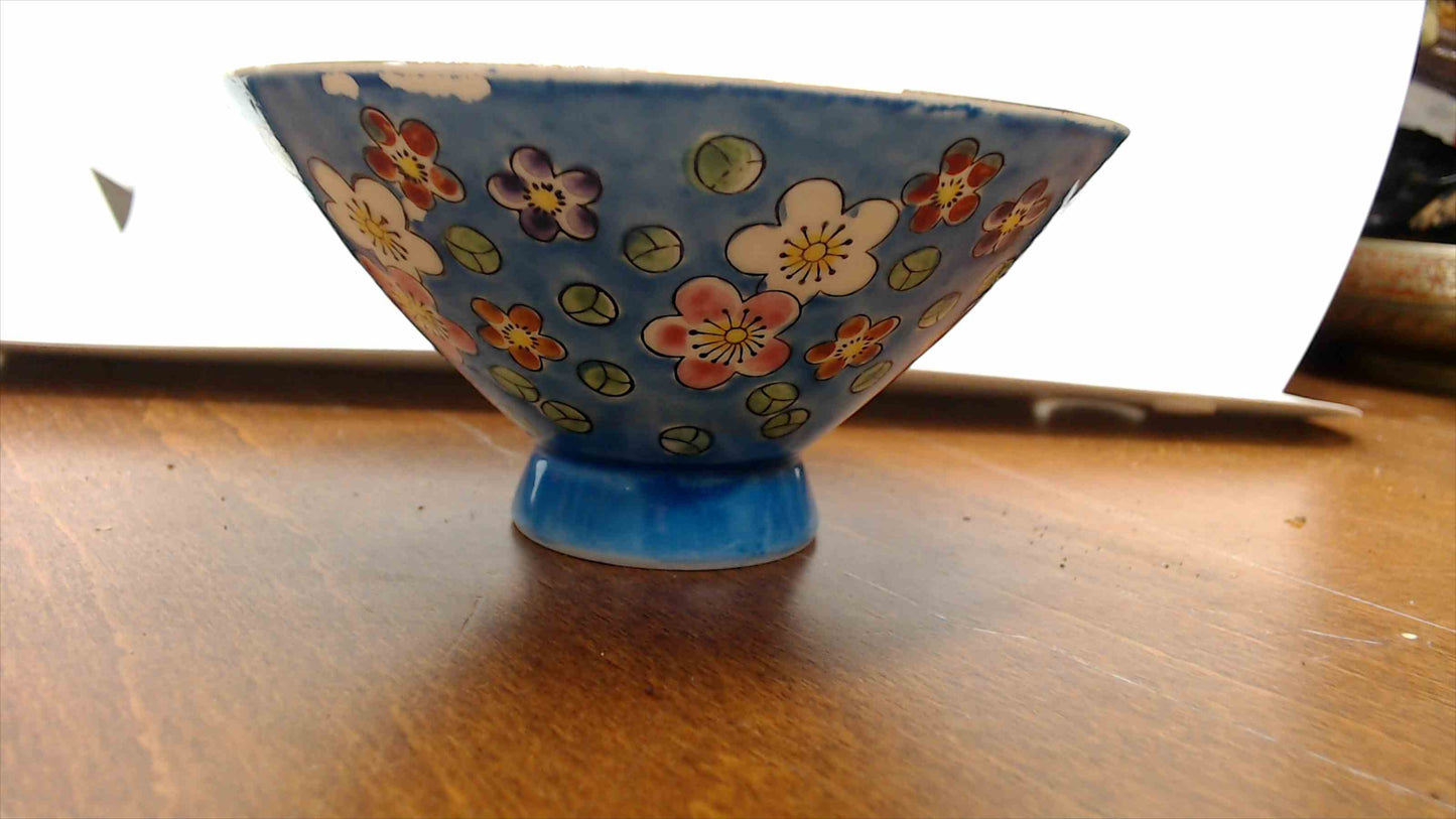Vintage Chinese Porcelain Rice Bowl, Turquoise Blue with Plum Blossoms, 4.5"