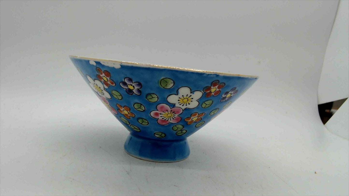 Vintage Chinese Porcelain Rice Bowl, Turquoise Blue with Plum Blossoms, 4.5"
