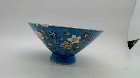 Vintage Chinese Porcelain Rice Bowl, Turquoise Blue with Plum Blossoms, 4.5"