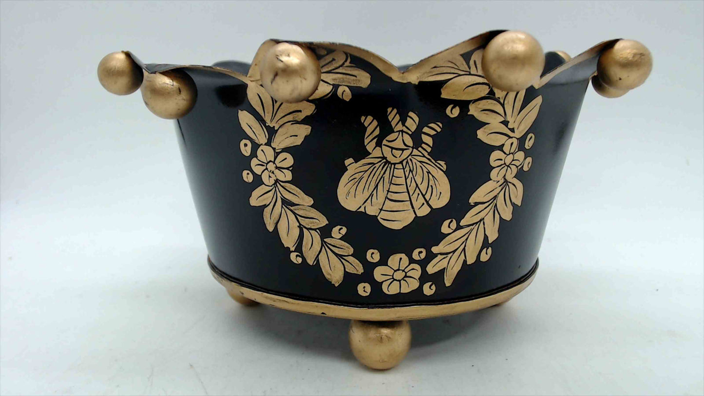 Vintage Black & Gold Tole Crown Cachepot with Bee & Floral Wreath, 6" — Napoleonic Style