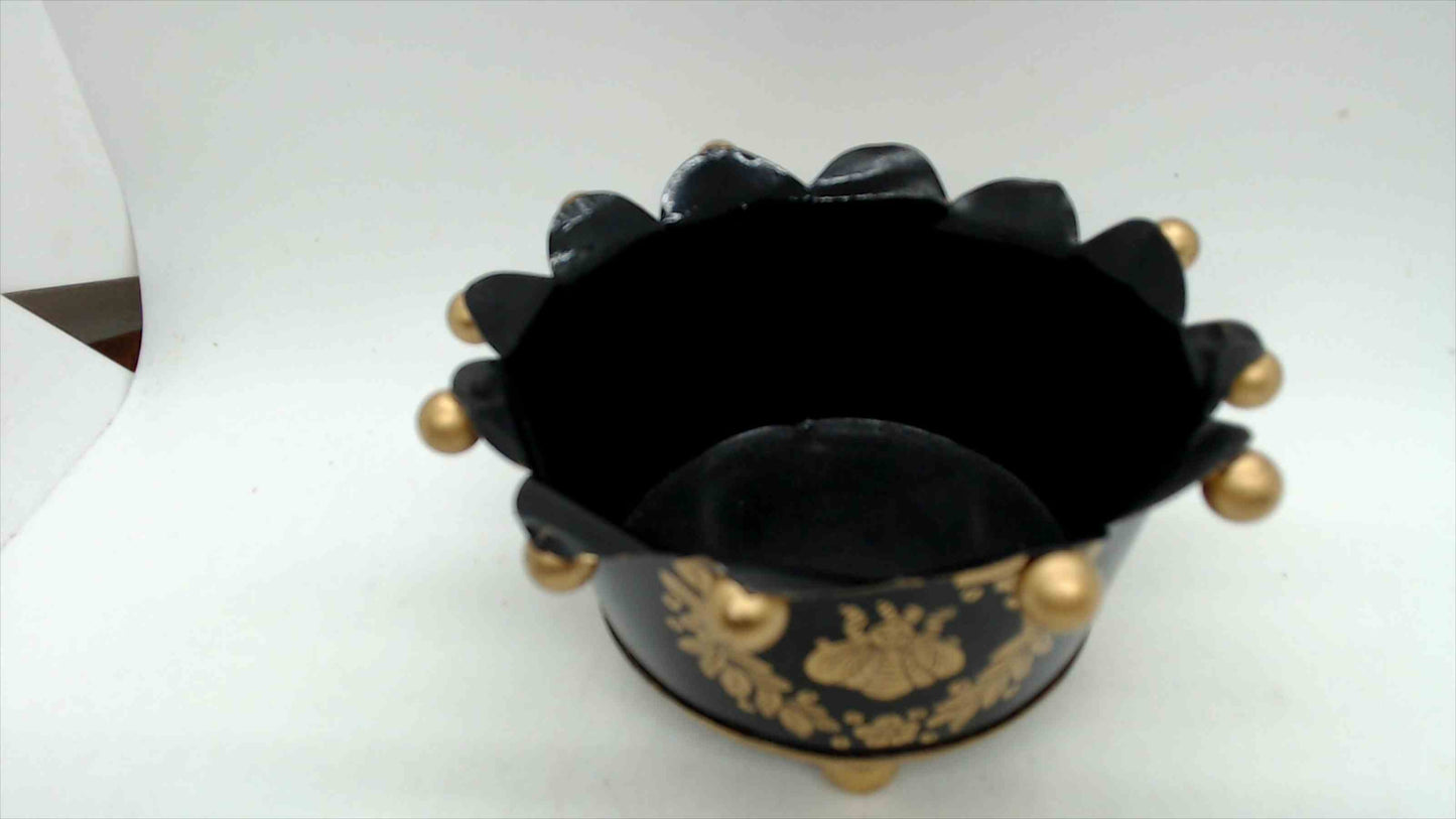Vintage Black & Gold Tole Crown Cachepot with Bee & Floral Wreath, 6" — Napoleonic Style