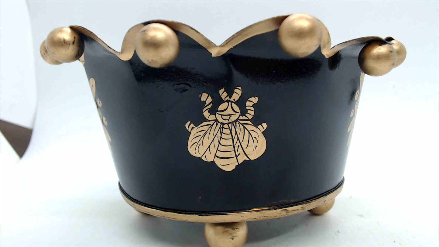 Vintage Black & Gold Tole Crown Cachepot with Bee & Floral Wreath, 6" — Napoleonic Style
