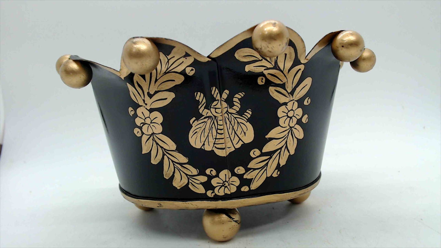 Vintage Black & Gold Tole Crown Cachepot with Bee & Floral Wreath, 6" — Napoleonic Style