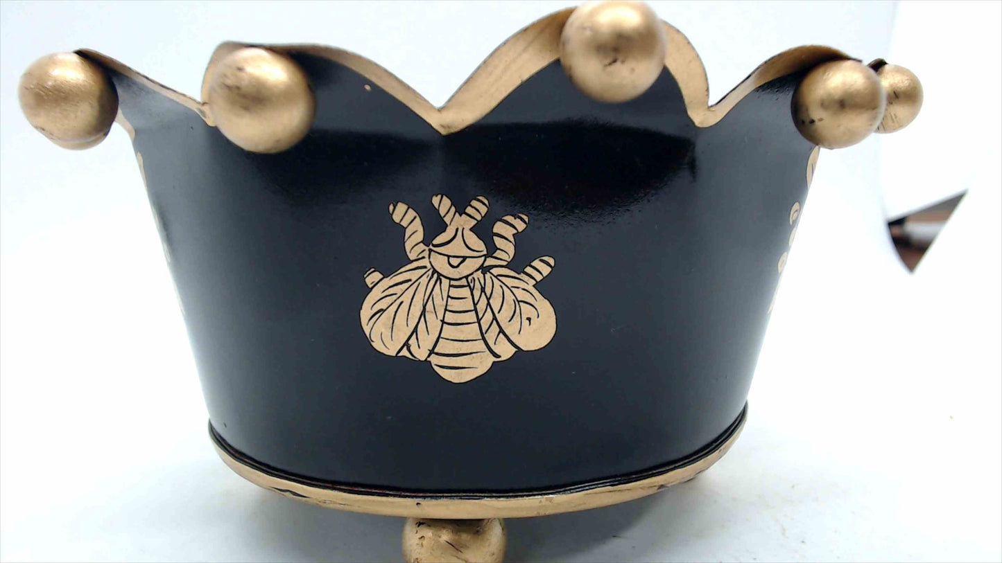 Vintage Black & Gold Tole Crown Cachepot with Bee & Floral Wreath, 6" — Napoleonic Style