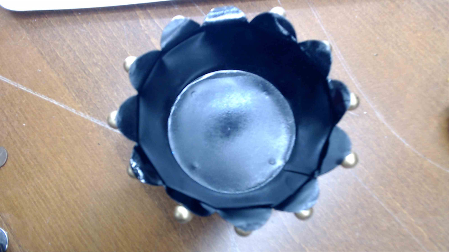 Vintage Black & Gold Tole Crown Cachepot with Bee & Floral Wreath, 6" — Napoleonic Style