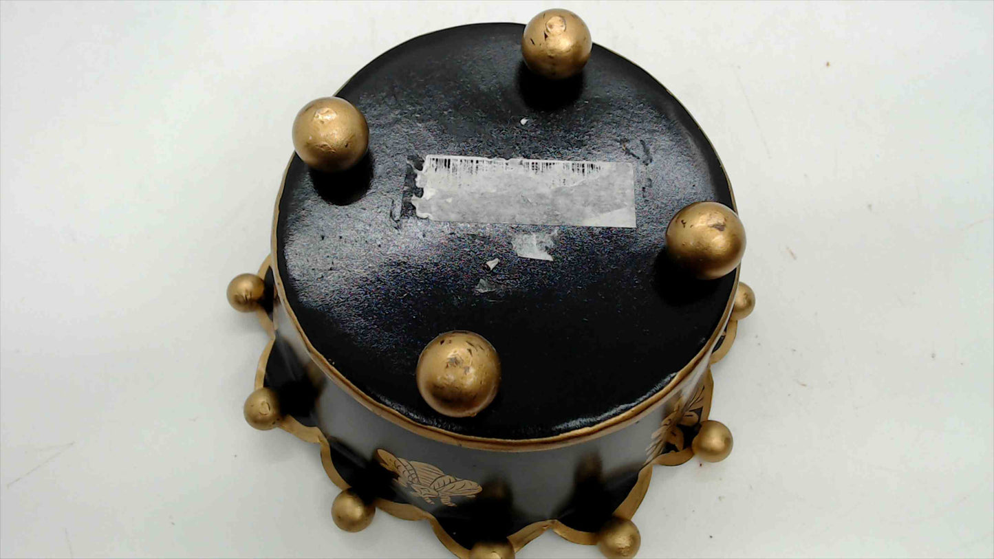 Vintage Black & Gold Tole Crown Cachepot with Bee & Floral Wreath, 6" — Napoleonic Style