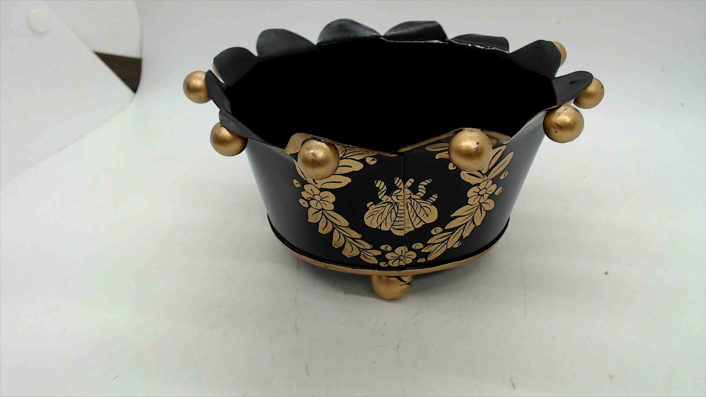 Vintage Black & Gold Tole Crown Cachepot with Bee & Floral Wreath, 6" — Napoleonic Style