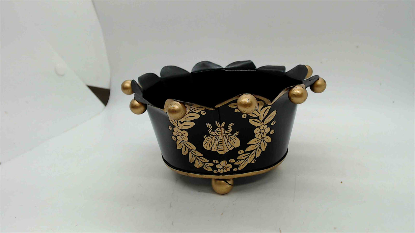 Vintage Black & Gold Tole Crown Cachepot with Bee & Floral Wreath, 6" — Napoleonic Style