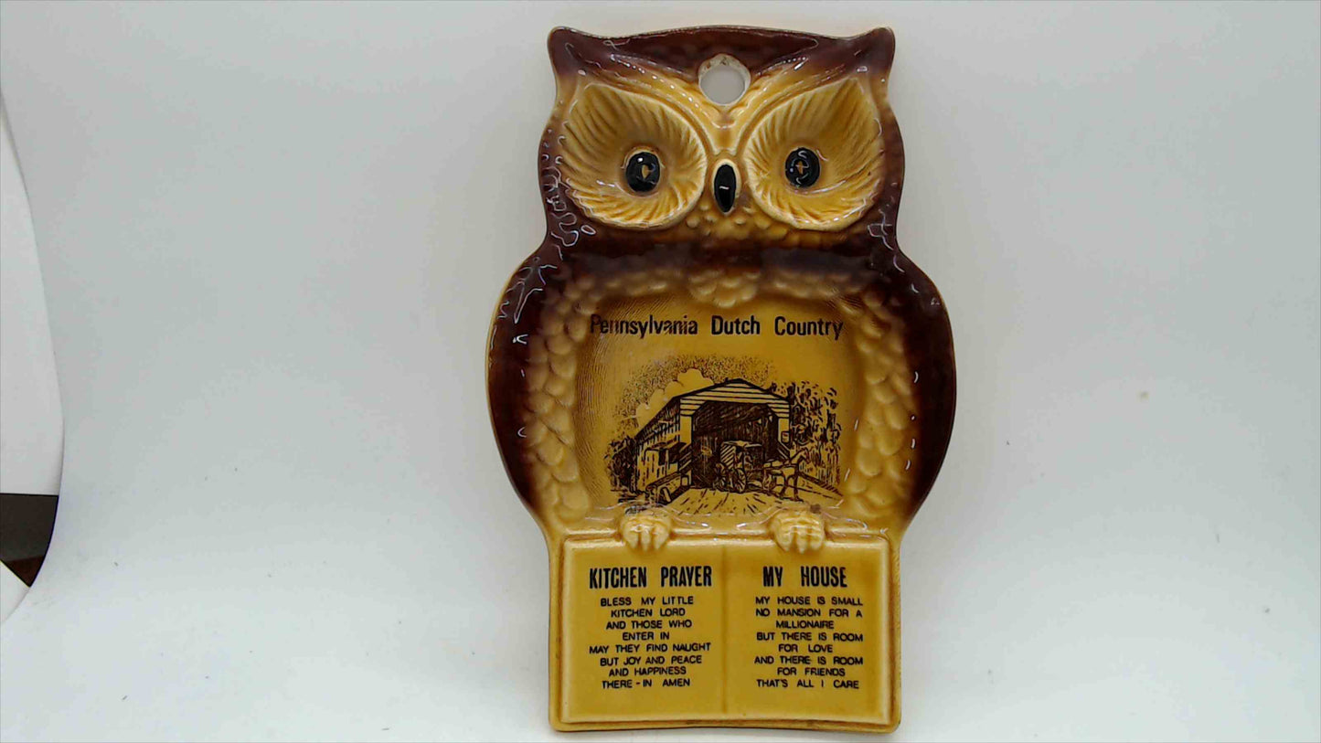 Vintage Pennsylvania Dutch Country Owl Wall Plaque — Kitchen Prayer & My House, 7"
