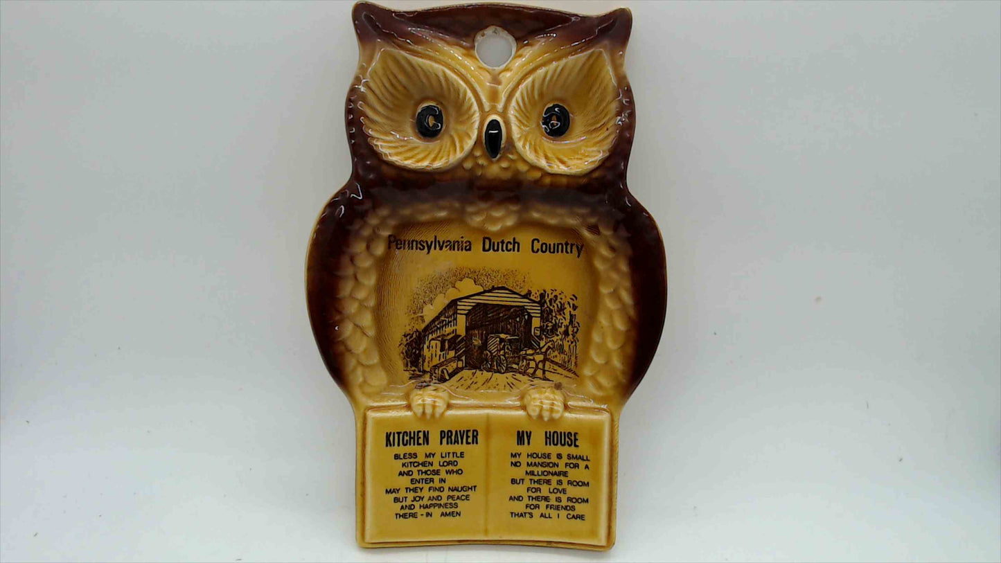 Vintage Pennsylvania Dutch Country Owl Wall Plaque — Kitchen Prayer & My House, 7"