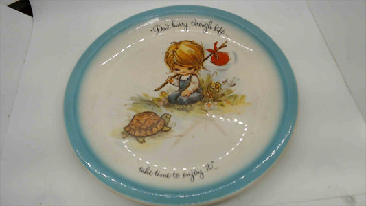 Vintage Big-Eyed Boy & Turtle Decorative Plate — "Don't Hurry Through Life" — 10"