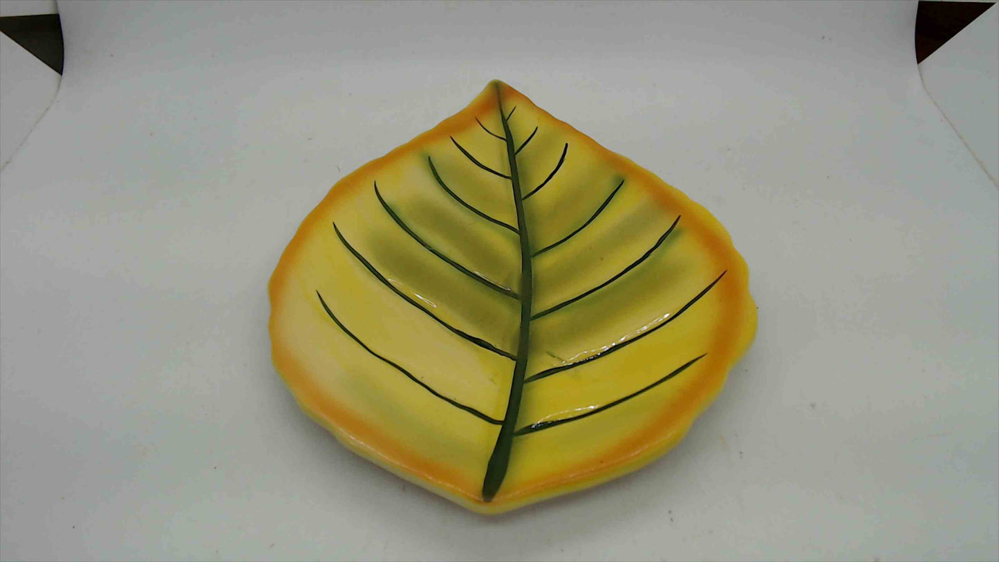 Vintage Yellow Leaf-Shaped Ceramic Dish — Hand-Painted Autumn Leaf Candy or Trinket Tray, 8"