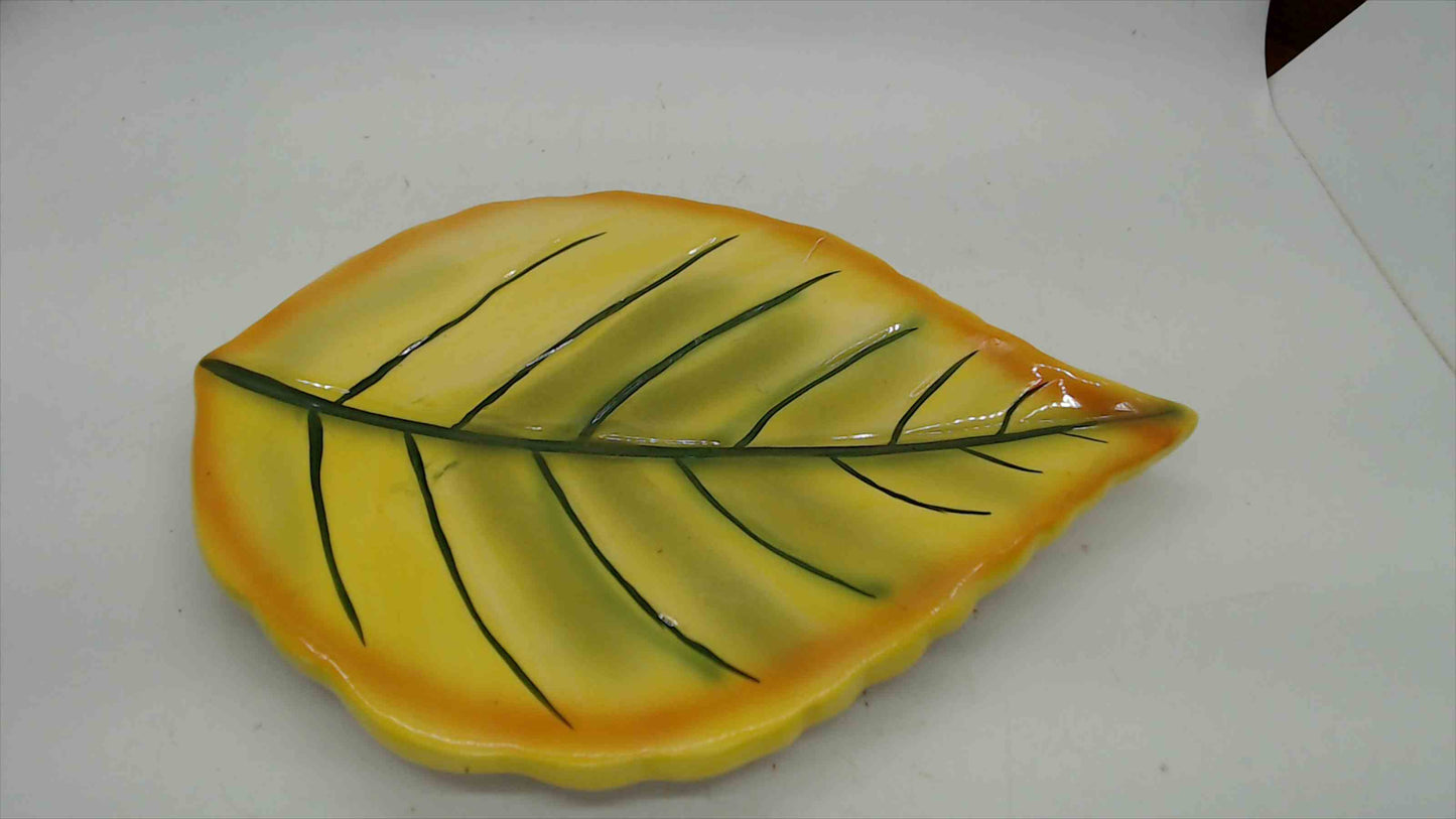 Vintage Yellow Leaf-Shaped Ceramic Dish — Hand-Painted Autumn Leaf Candy or Trinket Tray, 8"