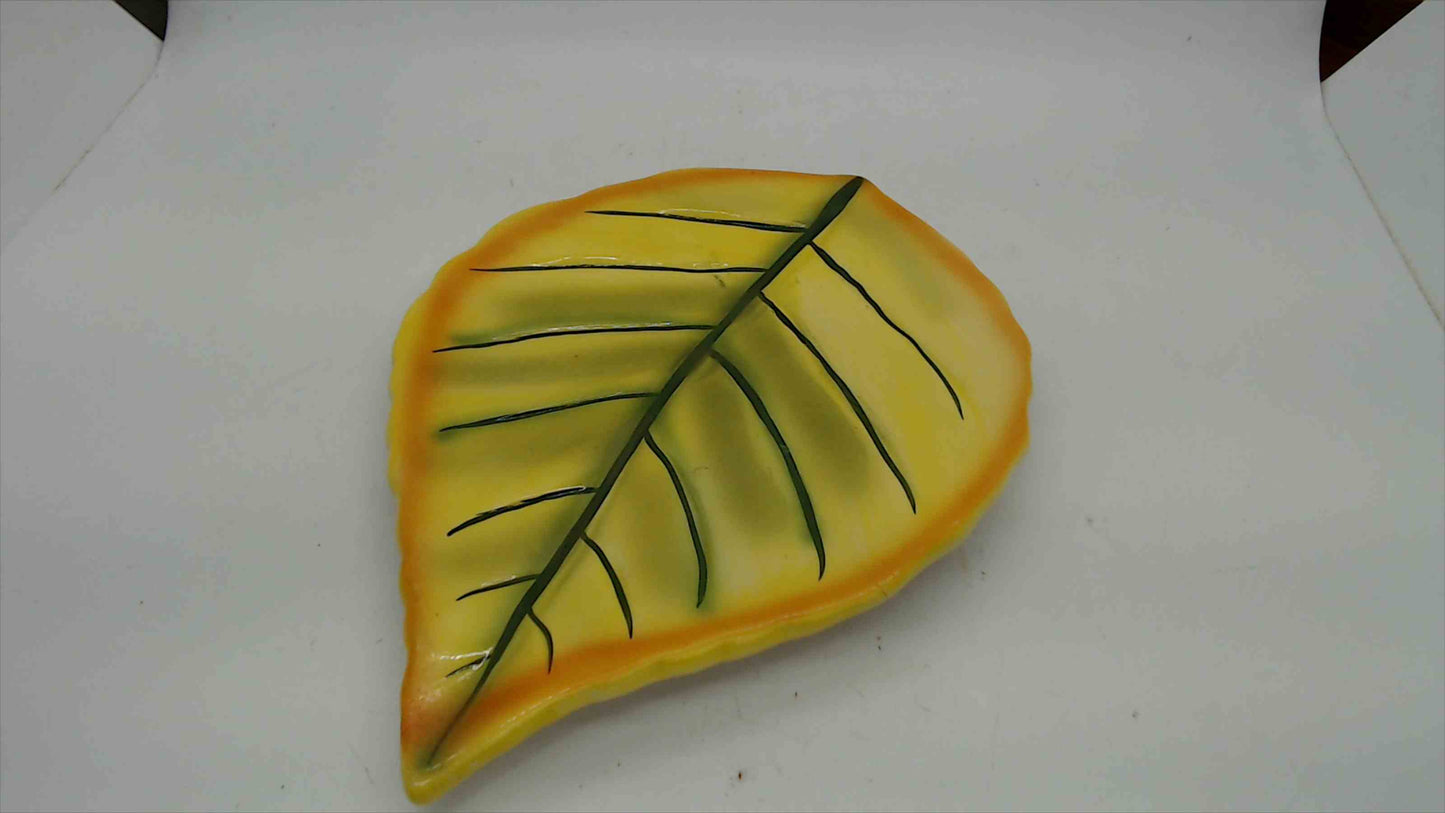 Vintage Yellow Leaf-Shaped Ceramic Dish — Hand-Painted Autumn Leaf Candy or Trinket Tray, 8"