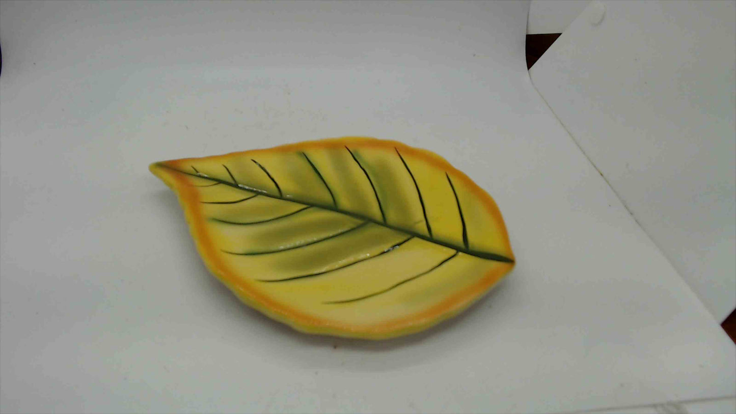 Vintage Yellow Leaf-Shaped Ceramic Dish — Hand-Painted Autumn Leaf Candy or Trinket Tray, 8"