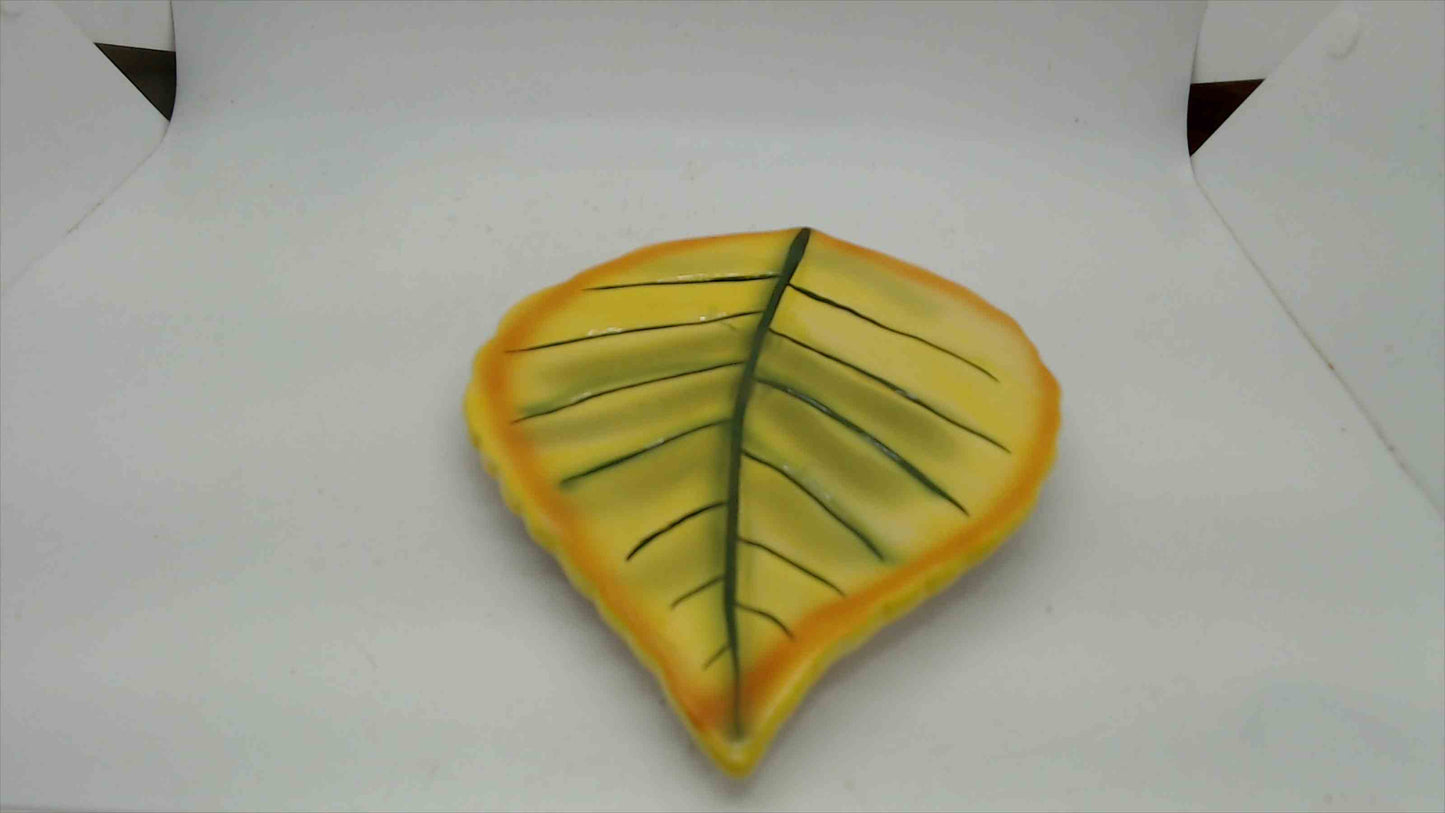Vintage Yellow Leaf-Shaped Ceramic Dish — Hand-Painted Autumn Leaf Candy or Trinket Tray, 8"