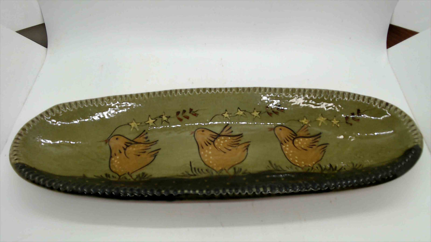 Signed Studio Pottery Oval Tray — Three Folk Art Birds & Stars, Olive Green Glaze, 14"