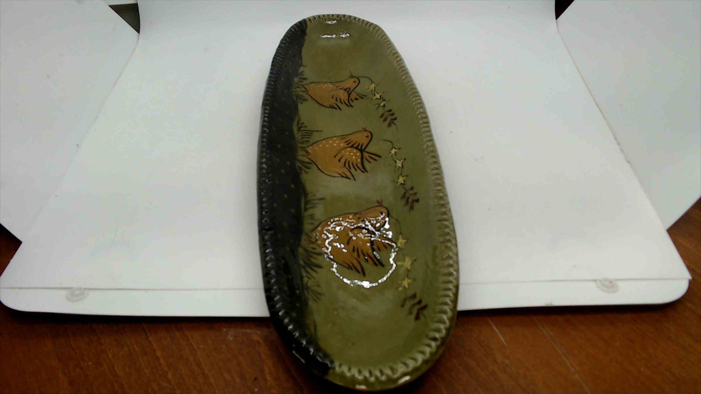 Signed Studio Pottery Oval Tray — Three Folk Art Birds & Stars, Olive Green Glaze, 14"