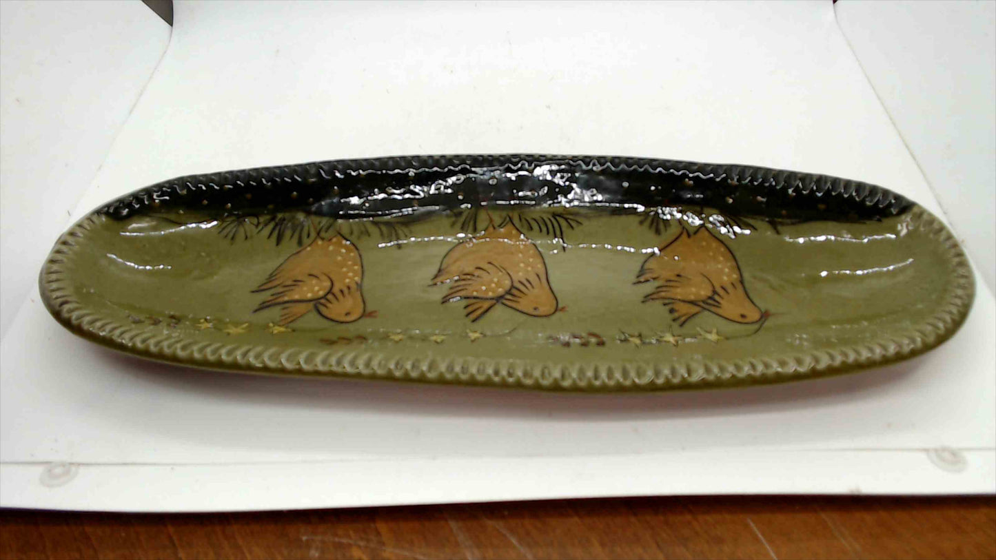 Signed Studio Pottery Oval Tray — Three Folk Art Birds & Stars, Olive Green Glaze, 14"