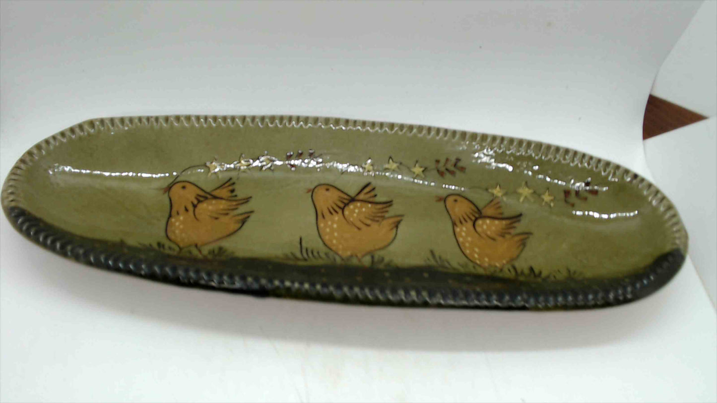Signed Studio Pottery Oval Tray — Three Folk Art Birds & Stars, Olive Green Glaze, 14"