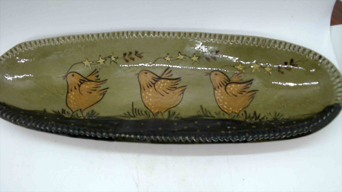 Signed Studio Pottery Oval Tray — Three Folk Art Birds & Stars, Olive Green Glaze, 14"