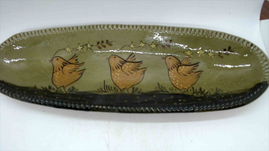 Signed Studio Pottery Oval Tray — Three Folk Art Birds & Stars, Olive Green Glaze, 14"