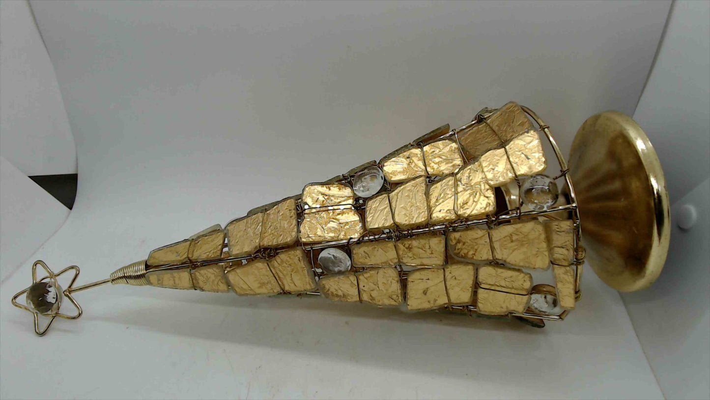 Vintage Capiz Shell & Gold Wire Christmas Tree Sculpture — Star Topper, Brass Base, 14.5"