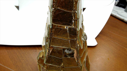Vintage Capiz Shell & Gold Wire Christmas Tree Sculpture — Star Topper, Brass Base, 14.5"