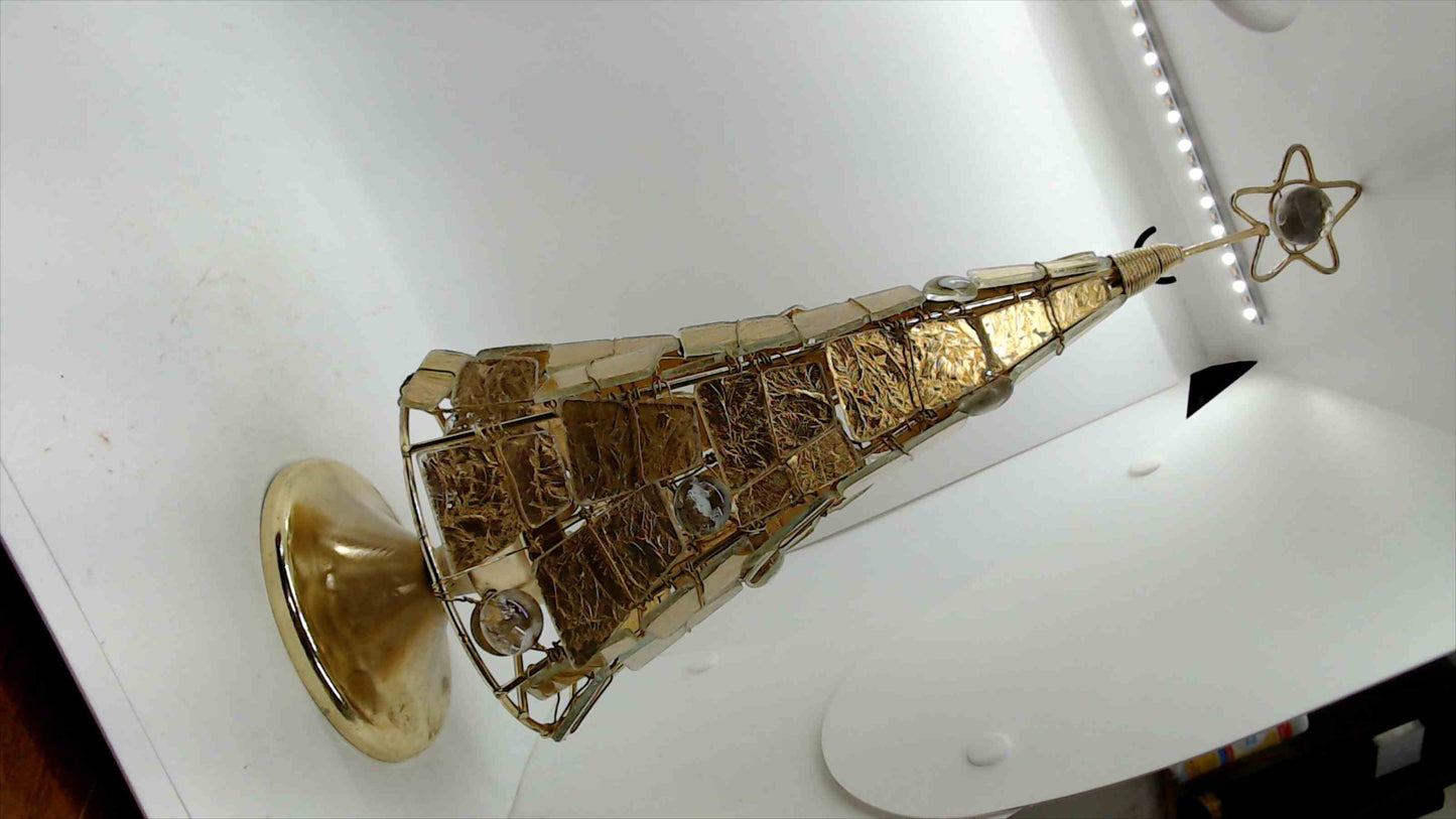 Vintage Capiz Shell & Gold Wire Christmas Tree Sculpture — Star Topper, Brass Base, 14.5"