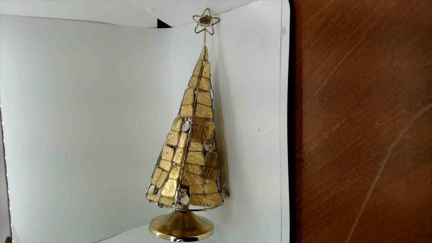 Vintage Capiz Shell & Gold Wire Christmas Tree Sculpture — Star Topper, Brass Base, 14.5"