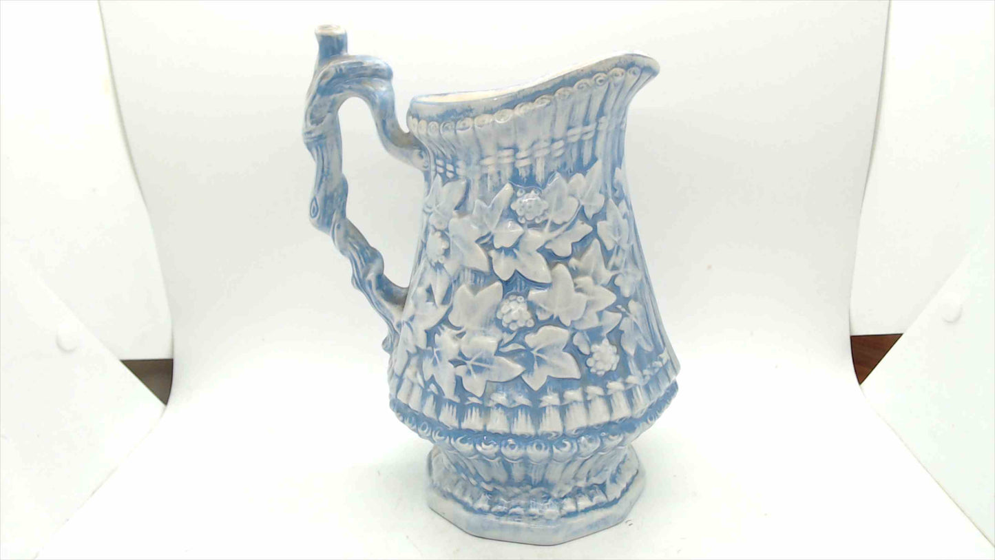 Blue & White Relief-Molded Stoneware Pitcher — Ivy & Rose on Basketweave, 8.5"