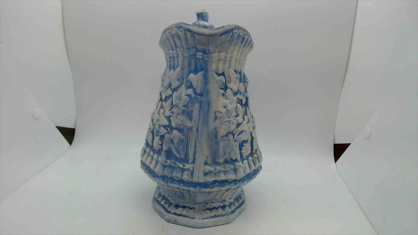 Blue & White Relief-Molded Stoneware Pitcher — Ivy & Rose on Basketweave, 8.5"
