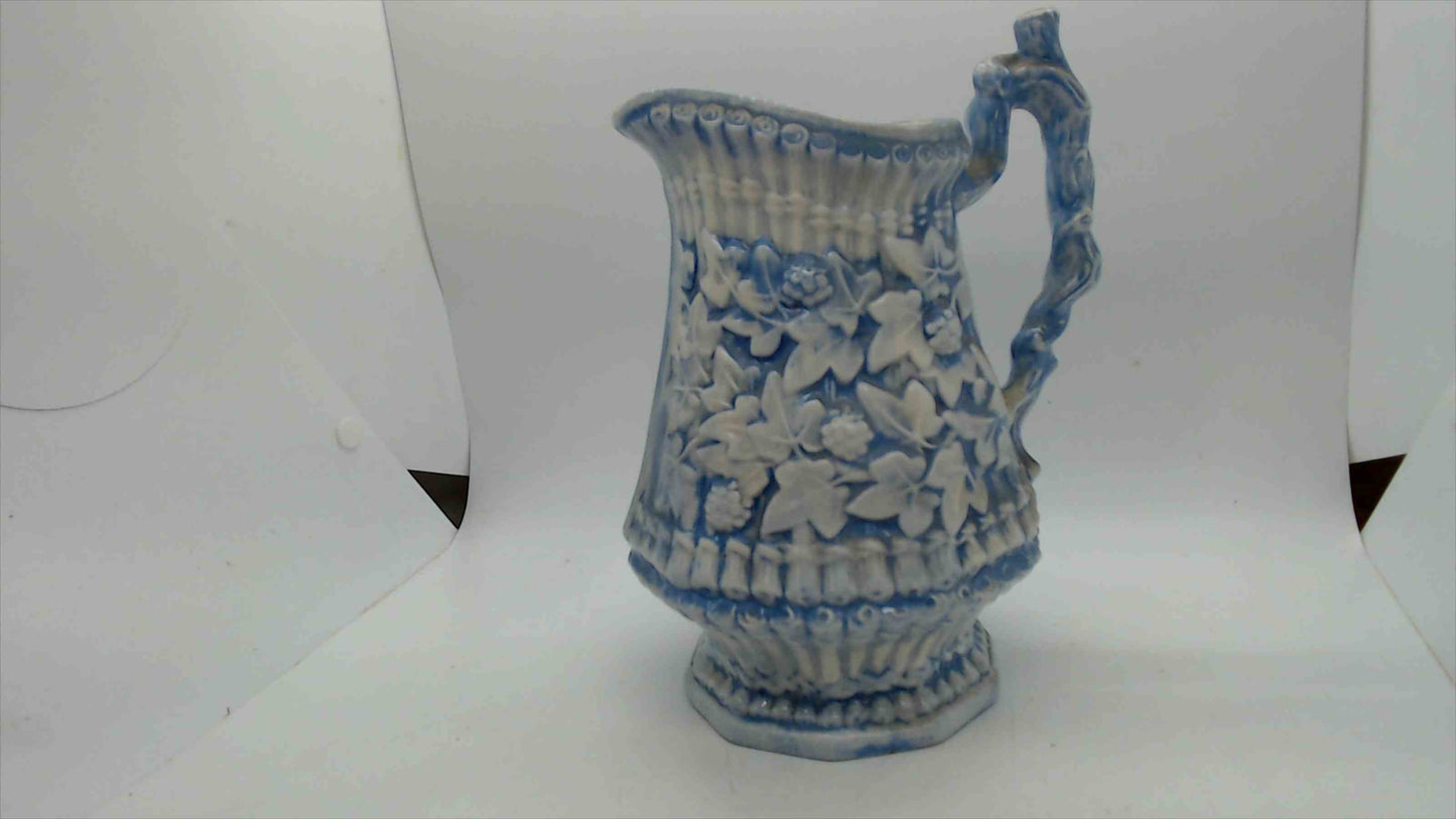Blue & White Relief-Molded Stoneware Pitcher — Ivy & Rose on Basketweave, 8.5"