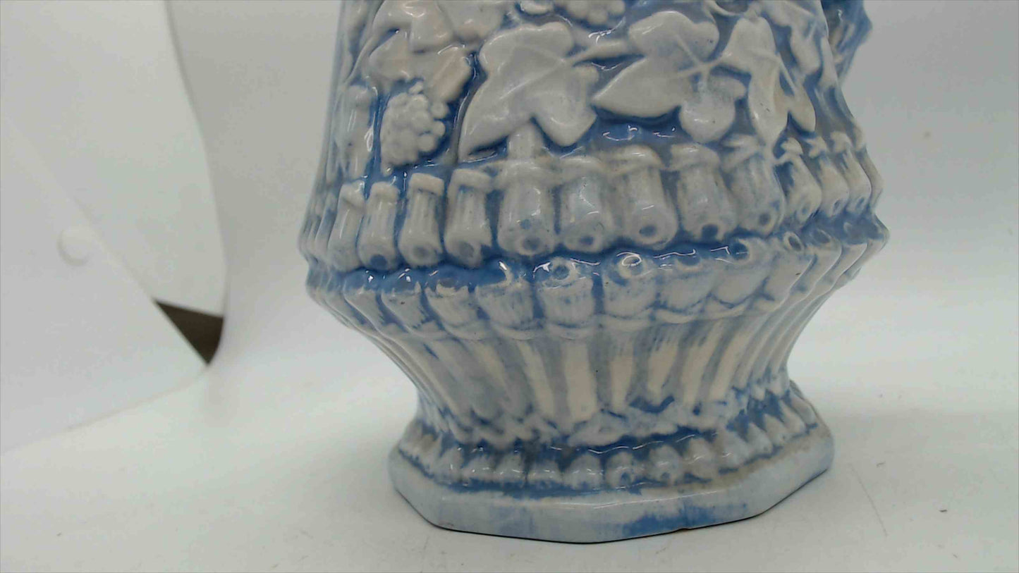 Blue & White Relief-Molded Stoneware Pitcher — Ivy & Rose on Basketweave, 8.5"