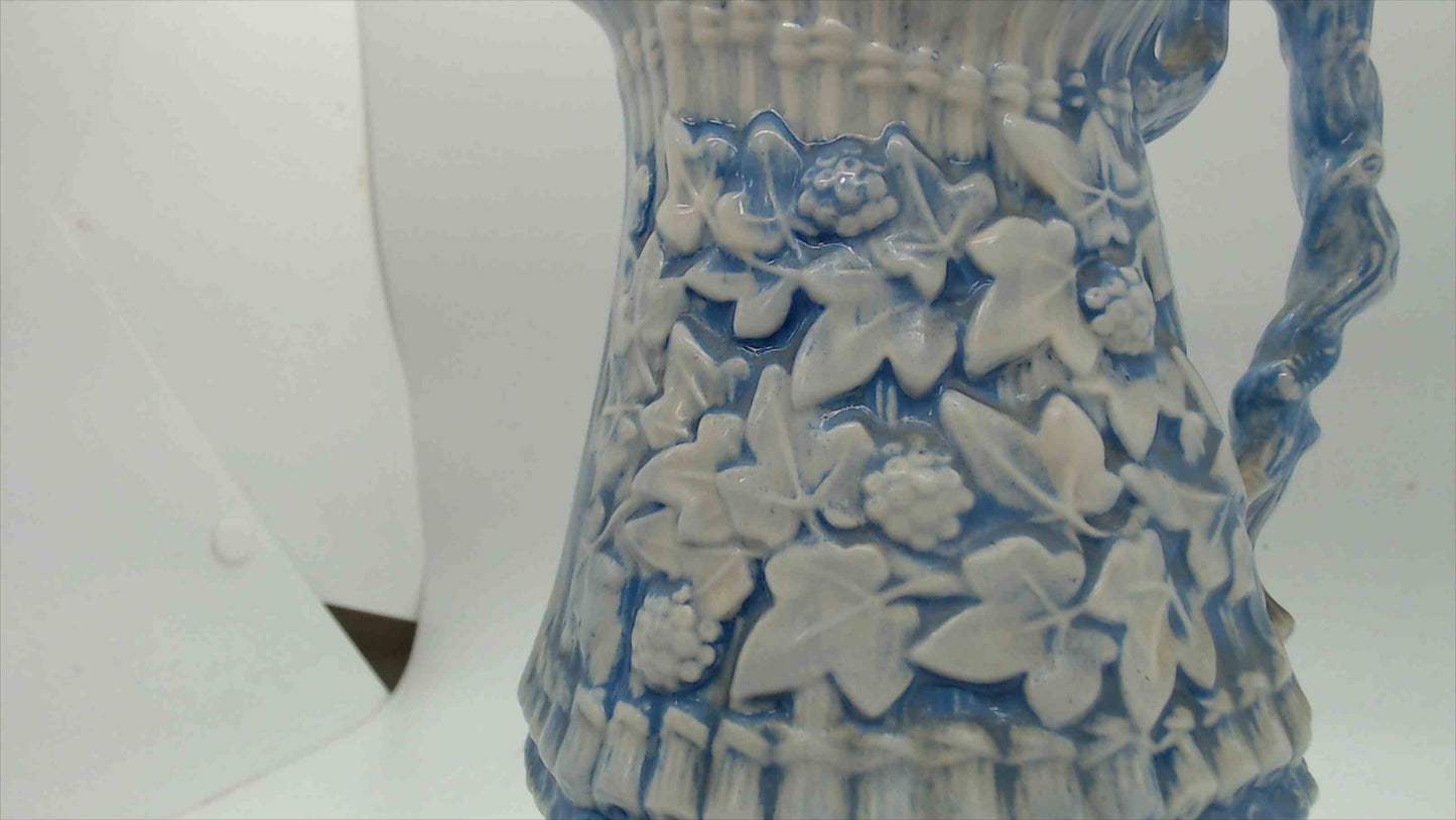Blue & White Relief-Molded Stoneware Pitcher — Ivy & Rose on Basketweave, 8.5"