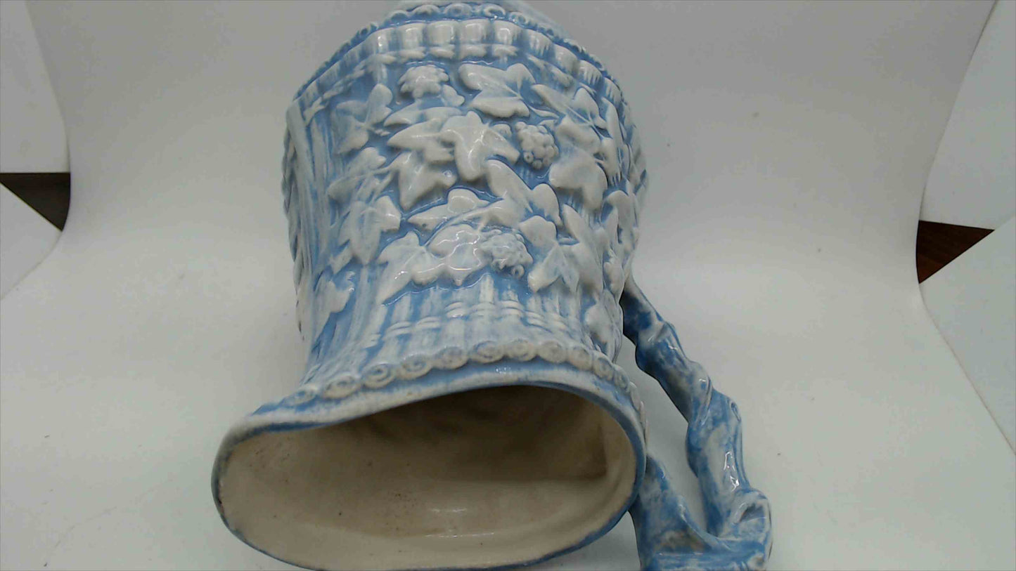 Blue & White Relief-Molded Stoneware Pitcher — Ivy & Rose on Basketweave, 8.5"