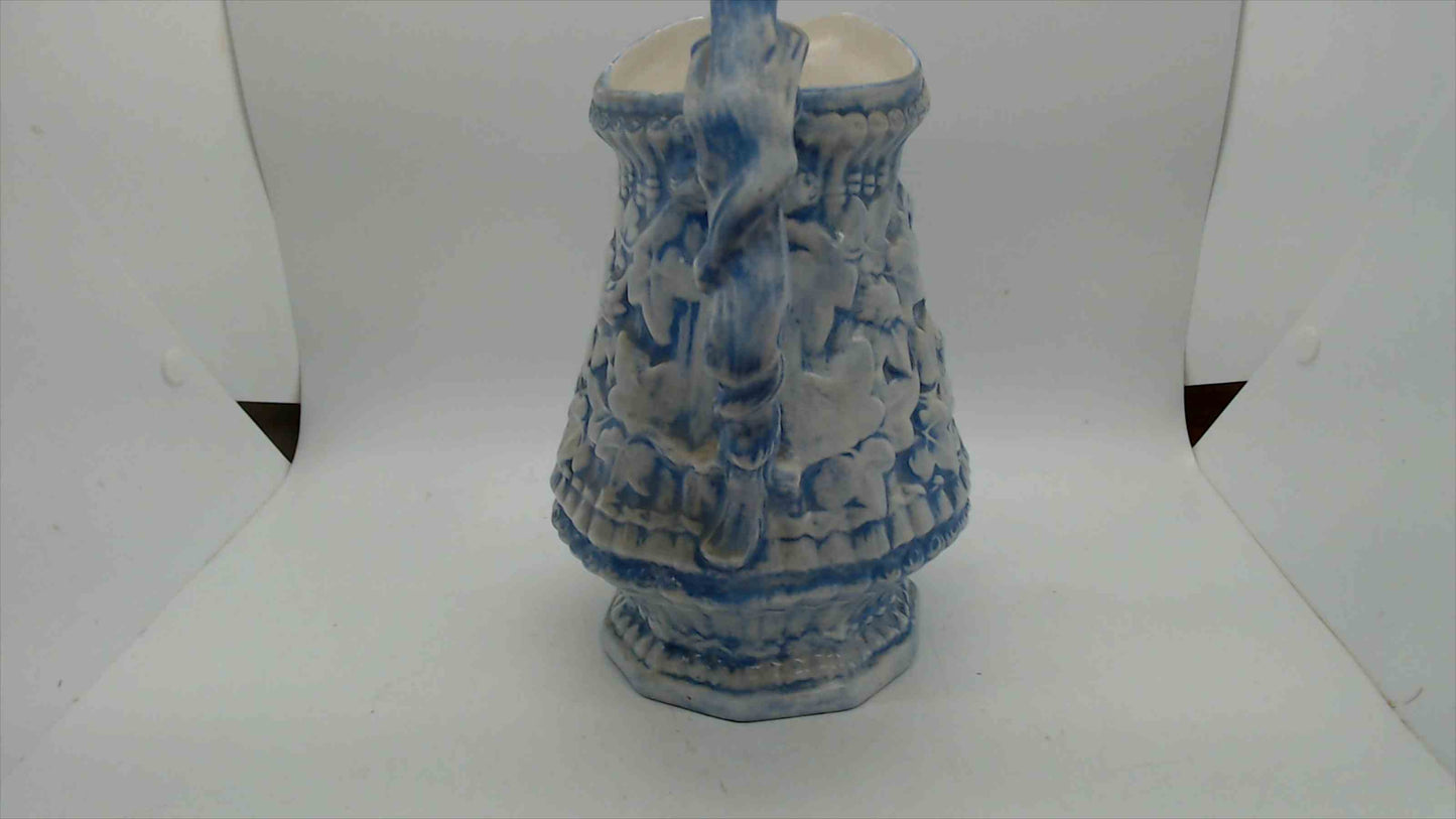 Blue & White Relief-Molded Stoneware Pitcher — Ivy & Rose on Basketweave, 8.5"