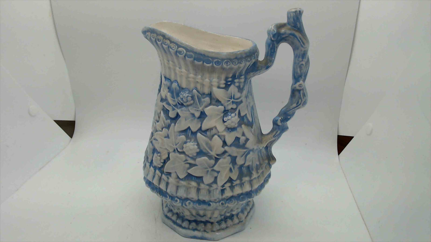 Blue & White Relief-Molded Stoneware Pitcher — Ivy & Rose on Basketweave, 8.5"