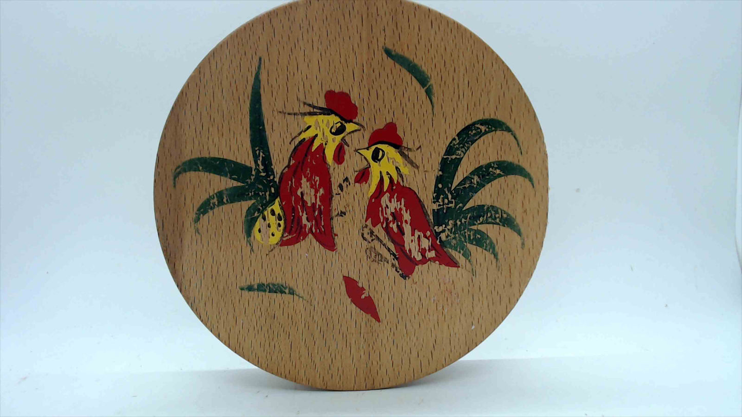 Vintage Hand-Painted Rooster Round Wooden Box — Lathe-Turned Hinged Lid, Folk Art Roosters, 5.75"