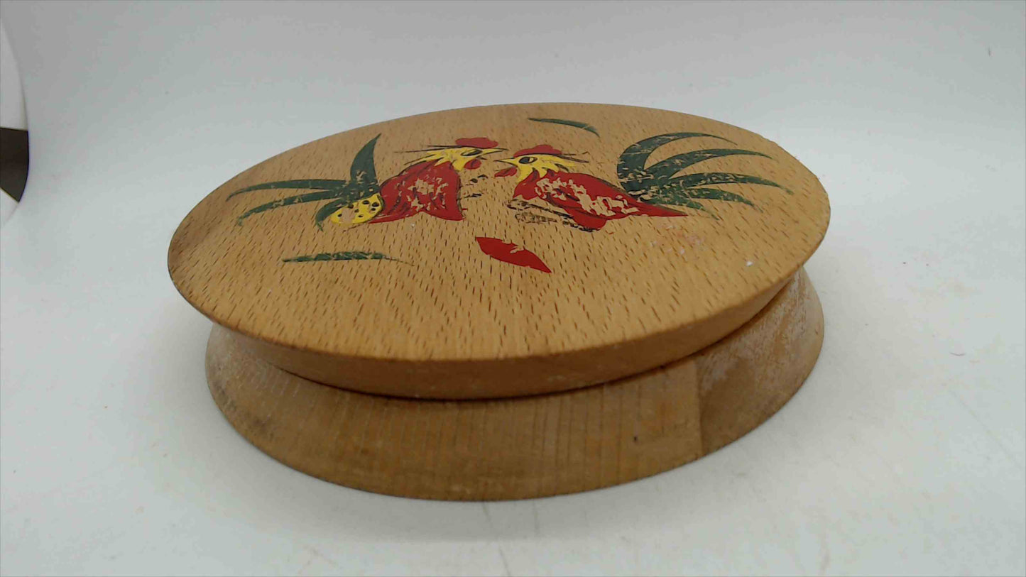 Vintage Hand-Painted Rooster Round Wooden Box — Lathe-Turned Hinged Lid, Folk Art Roosters, 5.75"
