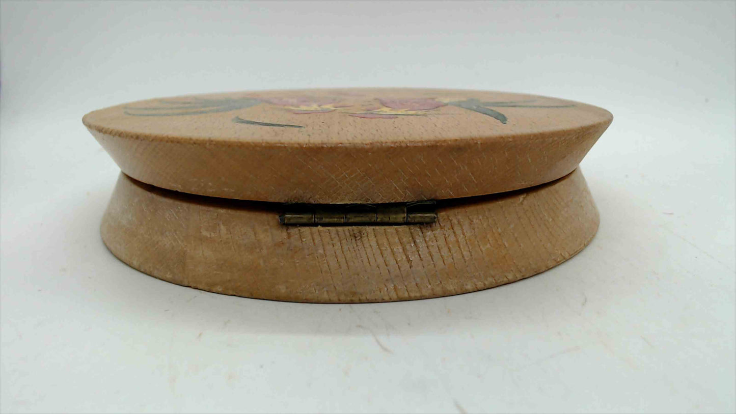 Vintage Hand-Painted Rooster Round Wooden Box — Lathe-Turned Hinged Lid, Folk Art Roosters, 5.75"