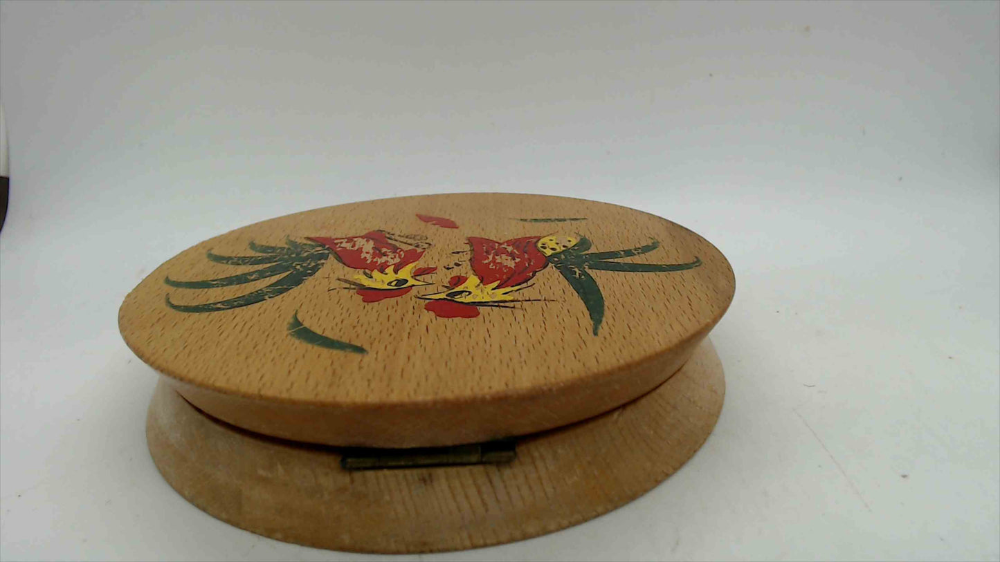 Vintage Hand-Painted Rooster Round Wooden Box — Lathe-Turned Hinged Lid, Folk Art Roosters, 5.75"