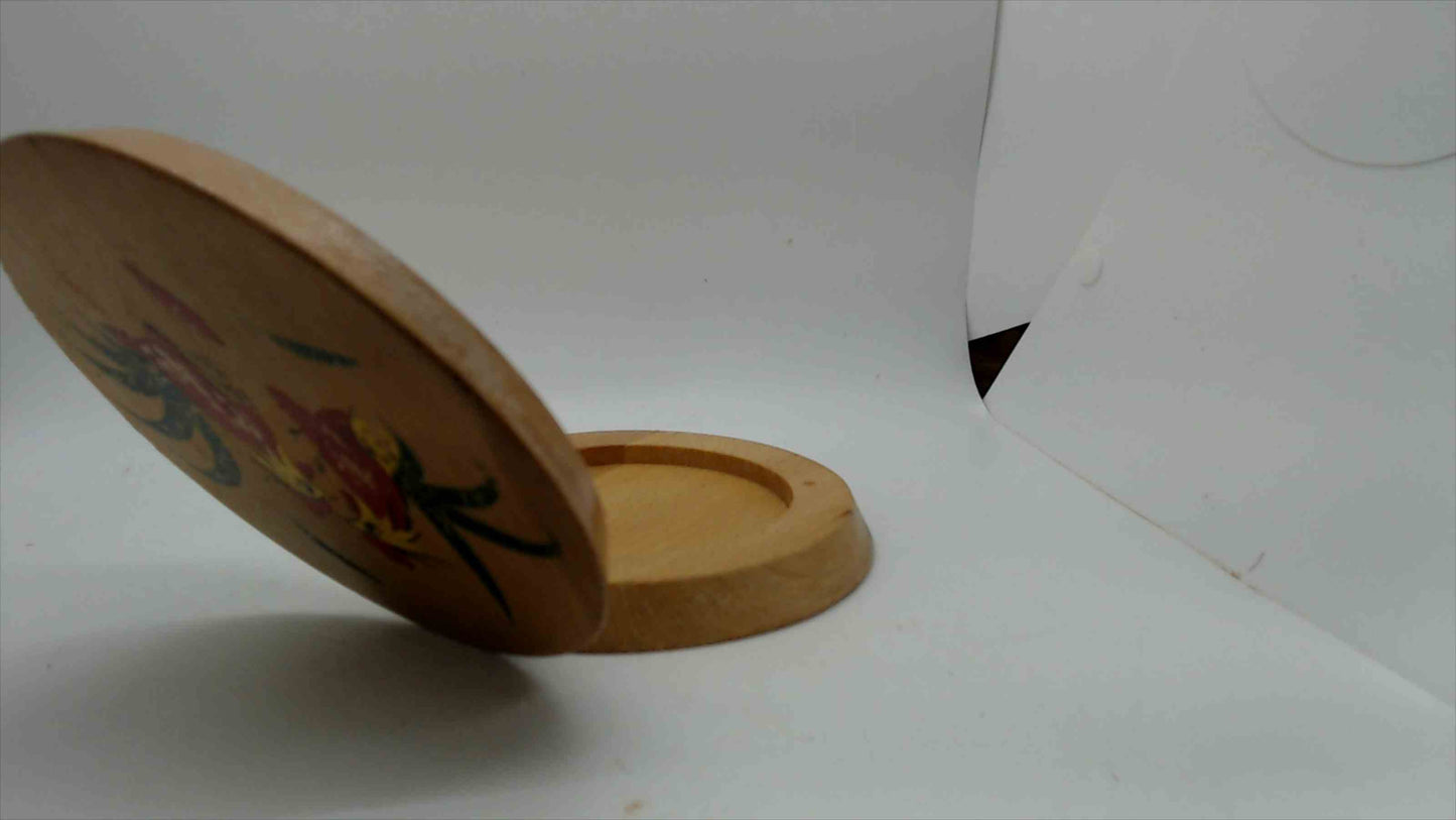Vintage Hand-Painted Rooster Round Wooden Box — Lathe-Turned Hinged Lid, Folk Art Roosters, 5.75"