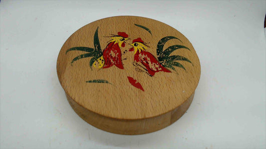 Vintage Hand-Painted Rooster Round Wooden Box — Lathe-Turned Hinged Lid, Folk Art Roosters, 5.75"