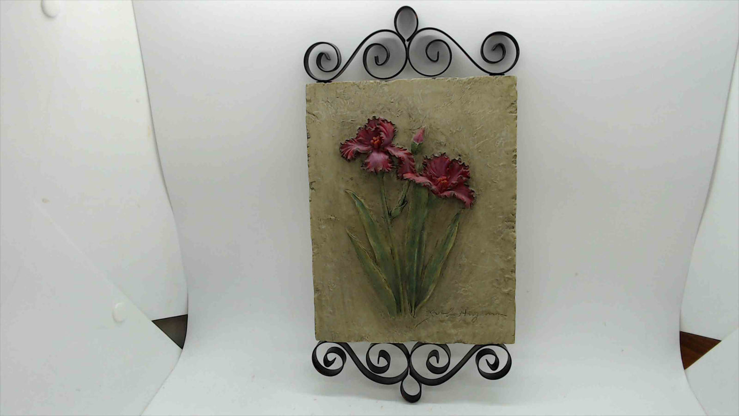 Signed Hageman Relief-Sculpted Iris Wall Plaque — Hand-Painted Cast Stone, Wrought Iron Scroll Frame, 11"