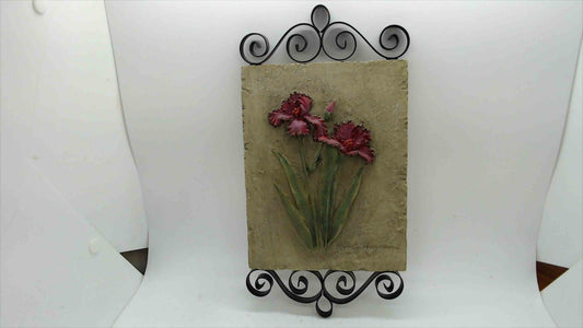 Signed Hageman Relief-Sculpted Iris Wall Plaque — Hand-Painted Cast Stone, Wrought Iron Scroll Frame, 11"