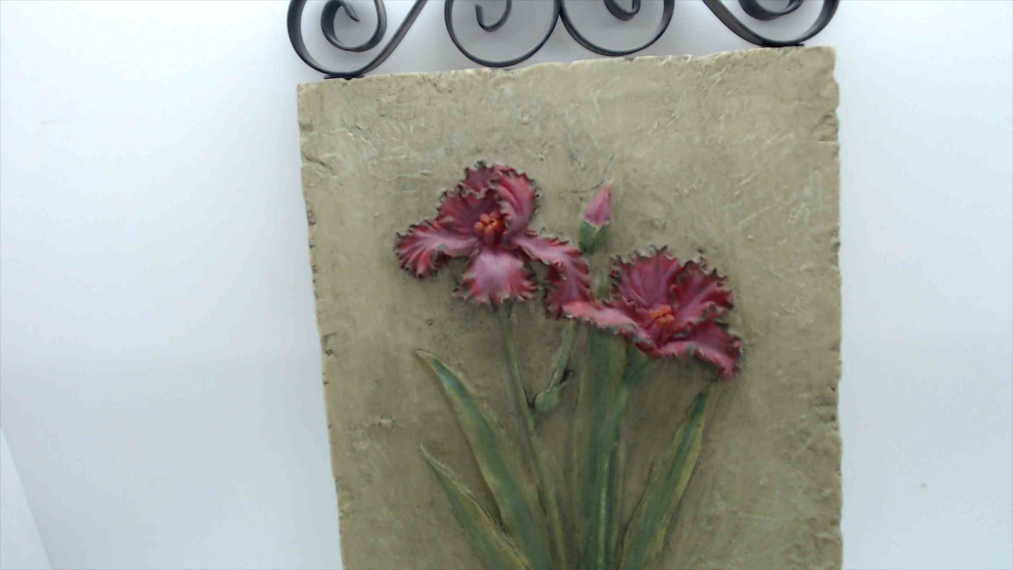 Signed Hageman Relief-Sculpted Iris Wall Plaque — Hand-Painted Cast Stone, Wrought Iron Scroll Frame, 11"