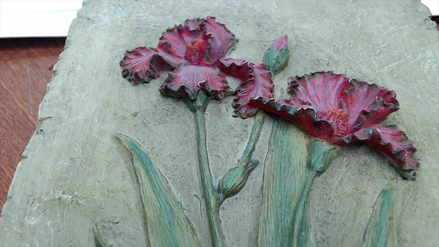 Signed Hageman Relief-Sculpted Iris Wall Plaque — Hand-Painted Cast Stone, Wrought Iron Scroll Frame, 11"